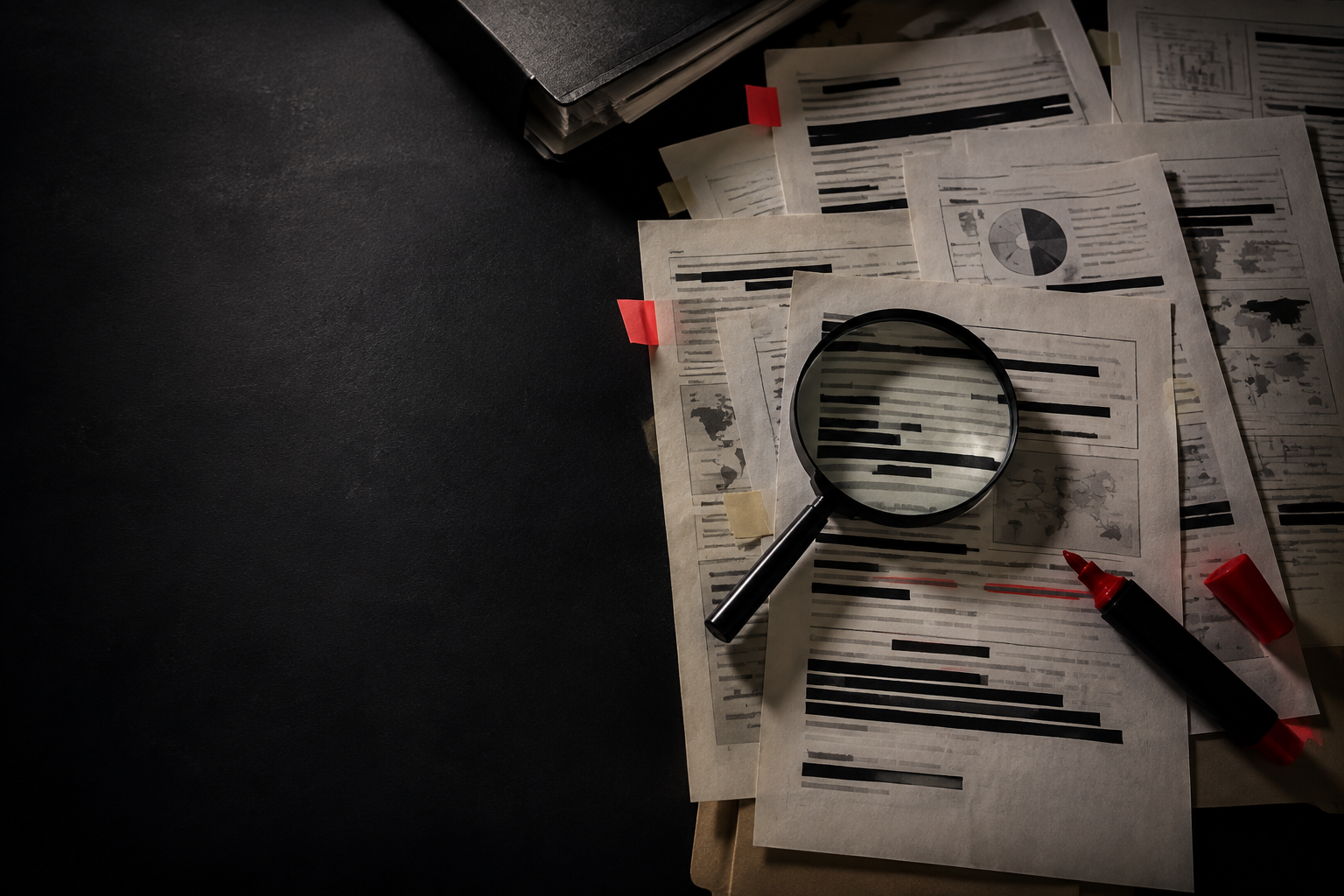 Mesa com documentos, lupa e marcações vermelhas