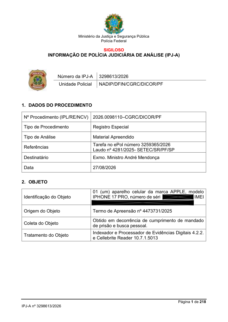 Primeira página do relatório da Polícia Federal